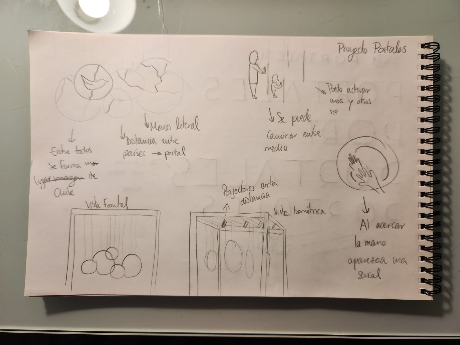 Final sketch: front and isometric views of the hanging circles, and a hand approaching a circle that shows a sign
